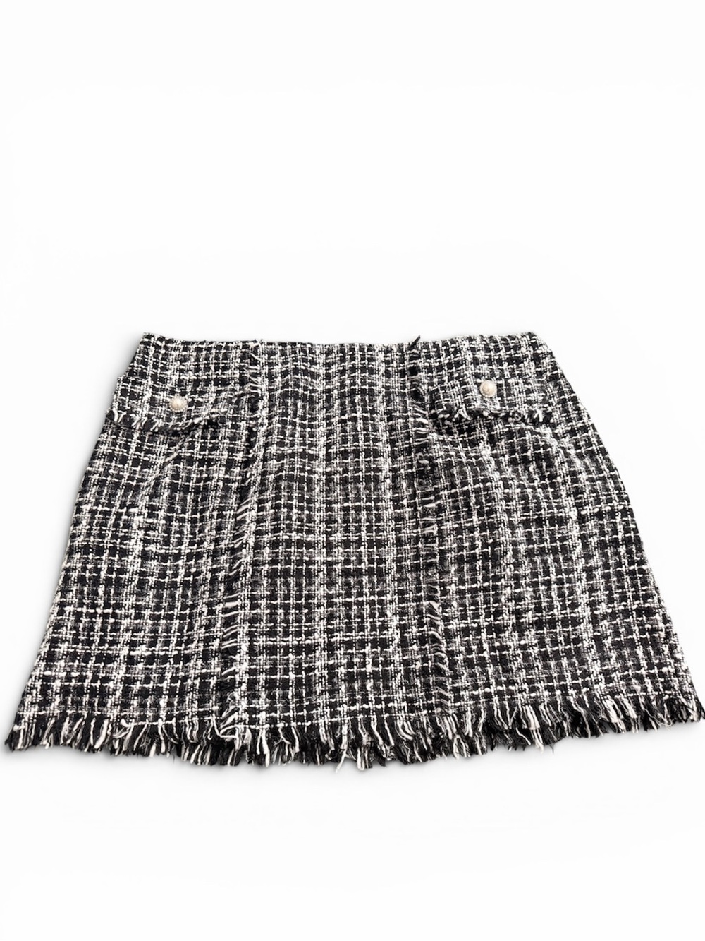 Fashion to Figure Black & White Tweed Mini Skirt with Fringe Trim - Plus Size